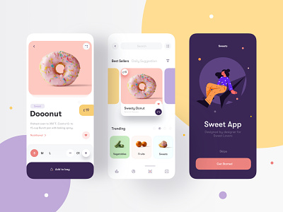 Sweets Mobile App 🍭 app cake candy check out clean food fruit illustration interface minimal mobile mobile app mobile shop pastels store sweets ui ui card user interace ux