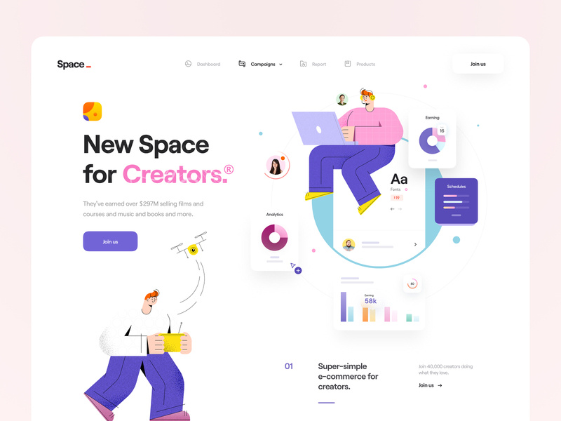 Space® user hero header landing page app web app web product campaign report creators chart character illustrator illustration minimal clean ux design ui design ux ui