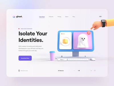 Ghost 👻 3d 3d character 3d design 3d illustration app browser clean coffee desktop ghost hero header illustraion minimal render typography ui ui design ux ux design web