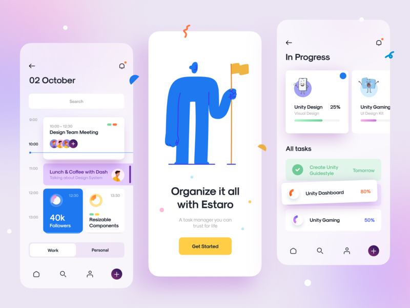 Estaro v.2 – Task Management typography onboarding progress card task manager task icon illustration mobile app app clean app minimal design minimal app blur minimal clean ux design ui design ux ui