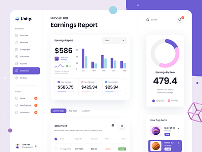 Unity Dashboard Kit – Earnings Report by Tran Mau Tri Tam for UI8 on ...