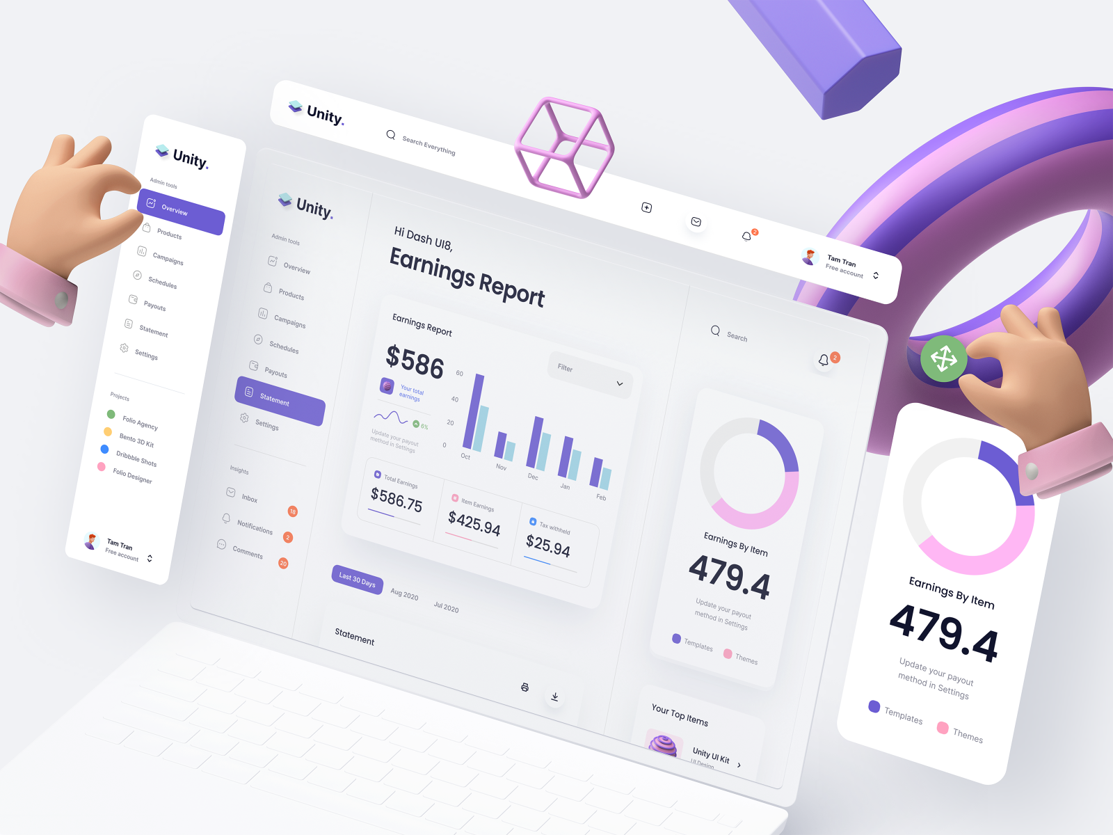 Unity Dashboard Kit  Earnings Report analytics ui kit dashboard kit typography app website mockup minimal clean dashboard chart earning 3d design 3d icon 3d hand 3d ux design ui ux ui design