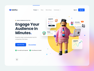 Hero Header – 🦊Adelfox 3d 3d character 3d illustration 4px grid adelfox character chat color conversation hero header illustration layout typography ui ui design user interface ux ux design video video communication