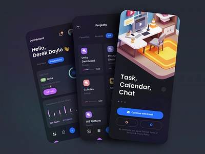 TaskEz: Productivity App iOS UI Kit 3d 3d illustration 3d model app card chart dark dark theme dashboard illustration mobile mobile app onboarding productivity task task management ui ui design ux ux design