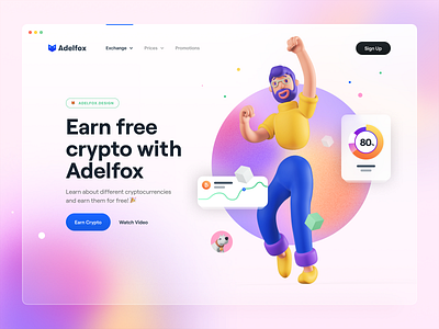 Hero Header 04 – 🦊Adelfox 2 3d 3d character 3d illustration 3d render blur character chart crypto cryptocurrency earn crypto gradient hero hero header illustration typography ui ui card ui design ux ux design