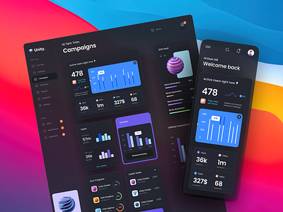Unity Dashboard Kit – Dark mode 3d 3d illustration analytics app big sur card chart dark mode dark theme dashboard dashboard kit illustration mobile ui ui dashboard ui design ux ux design web web app