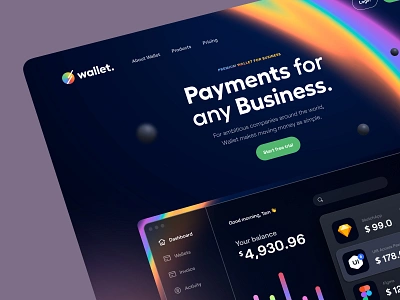 Wallet – Hero Header v.3 chart clean dark dark theme dashboard glass gradient hero header landing page navigation payment sidebar typography ui ui design ux ux design wallet web web design