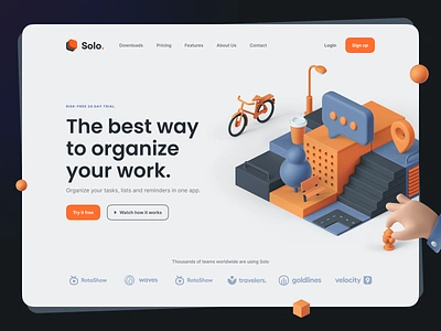 Solo: SaaS Landing Page Kit 3d 3d illustration clean dark mode hero header illustration isometric landing page minimal productivity saas task typography ui ui design ui kit ux ux design web website