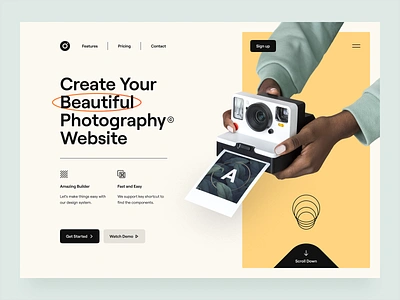 Frame – Hero Header Visual Exploration camera clean hand header hero header illustration main navigation minimal mobile photographer photography soft color typography ui ui design ux ux design web web design website