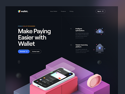 Wallet – Hero Header v.4 3d 3d illustration app clean dark dark mode dark theme dashboard minimal mockup navigation toggle typography ui ui design ux ux design value proposition web website