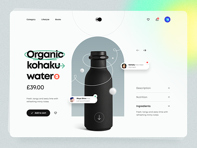 Køhaku – Product Page bottle cart clean dark mode dark theme delivery drink food gradient minimal product product page shop toggle typography ui ui design ux ux design water