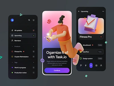 Productivity Dark Mobile App 3d 3d illustration app clean dark dark mode gradient illustration minimal mobile mockup navigation onboarding productivity task ui ui design user interface ux ux design