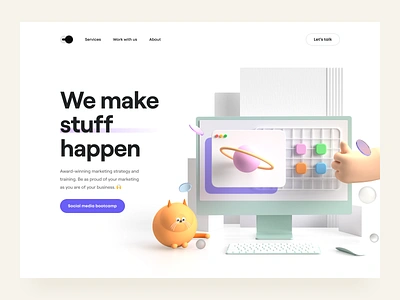 We make stuff happen 🙌 3d 3d background 3d icon 3d illustration cat illustration clean cube hero header illustration imac keyboard minimal mouse ui ui design ux ux design web web design website