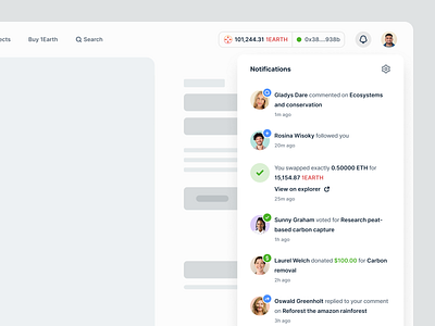 Notification Dropdown for Earth Fund activities activity annoucement clean coin crypto dropdown earth fund minimal nav bar navigation notification settings token ui ui design user ux ux design web design