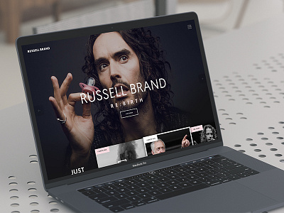 Russell Brand dark home page dark landing page dark style dark ui dark website film macbook mockup macbook pro movie russell brand