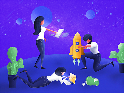 SPACE blue cat illustration illustrator people planet purple rocket space team work tranmautritam