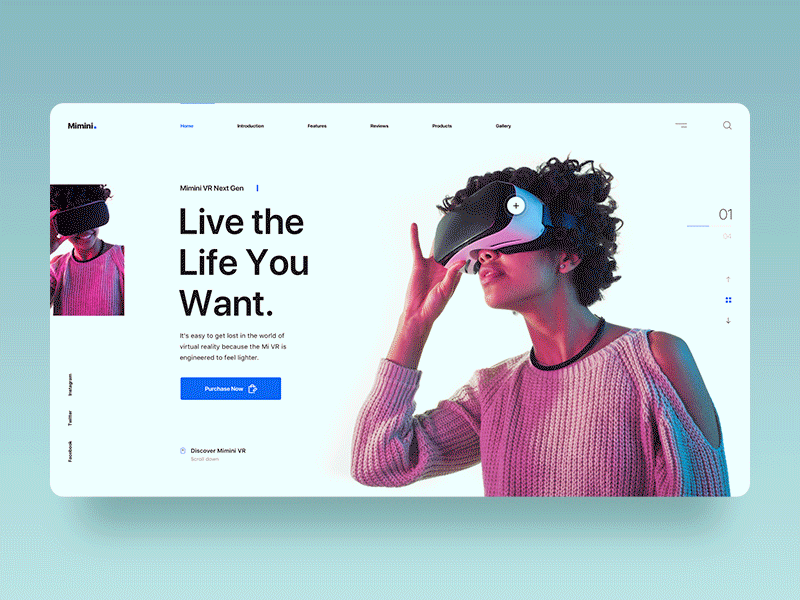 Mimini VR - WIP business call to action clean creative freebie hero header landing page navigation pink product product page scroll scrolling slides testimonial ui design virtual reality vr web design wordpress