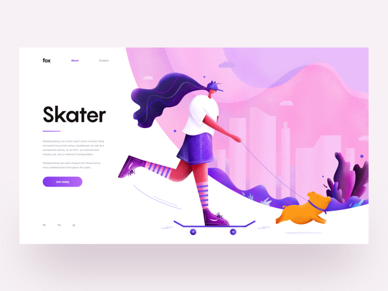 Skater :: Illustration :: UI Design building city cloud girl illustration minimal modern pet pig pink purple skateboard skateboarding skater sport theme tranmautritam ui design web design woman