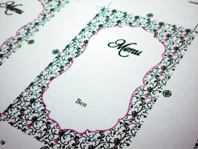 Wedding Stationary - Menu selection cards (front) black flourish pink print typography wedding wedding stationary