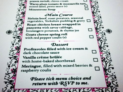 Wedding Stationary - Menu selection cards (back) black flourish pink print typography wedding wedding stationary