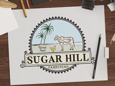 Sugar Hill Logo Design artwork branding cow crafts farms hand drawn hen logo sketch vintage