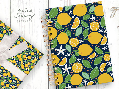 Lemon Crush notebook and gift wrap bright giftwrap lemon lemon pattern lemonade lemonade illustration agency lemons navy notebook surface design surface pattern yellow