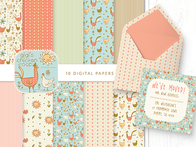 Gigi's Chicken Coop PAPERS animals chickens digital paper digital papers farm farmland illustration pattern repeat pattern roosters surface pattern
