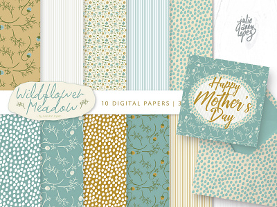 Wildflower Meadow pattern paper blue botancial cottagecore farmhouse floral flowers gold graphic design illustration meadow paper papercraft pattern planners polka dots repeat scrapbook shabby chic surface wildflowers