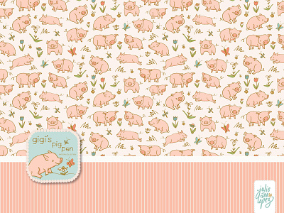 Piglets surface pattern - alternate colorway animals babies baby animals children cute farm farmhouse floral flowers illustration kids nursery pattern pig piglets pink repeat stripe surface pattern sweet