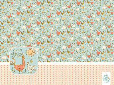 Alternate chicken pattern - with blue background adobe illustrator animals birds blue chickens chicks coral cute farm farming farmyard flowers hens illustration orange pattern repeat roosters surface pattern tulips