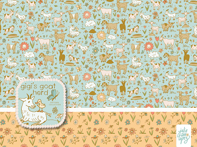 Gigi's Goat Herd - repeat surface pattern collection adobe illustrator baby animals blue butterflies children coral farm farm animals farmhouse floral flowers goats hand drawn kids marker patterns sketch surface pattern tan