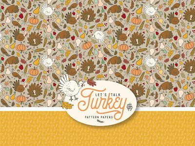 Thanksgiving Pattern Papers apples autumn leaves cartoon cute drawing illustration pattern pears pumpkins repeat squash surface pattern thanksgiving turkeys