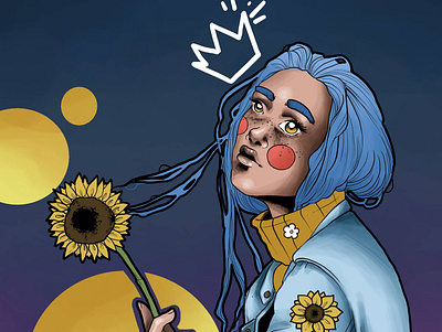 Girl with cyan hair and sunflower art digital digital art digitalart girl portrait illustration