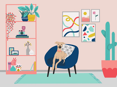 Fun with Spaces colour dailyillustration dog graphic illustration interior procreate procreate art shelves whippet