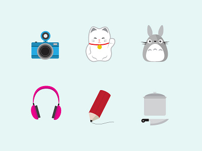 Hobbies Icon Set camera flat design hobby icon icon set illustration interests japan music totoro