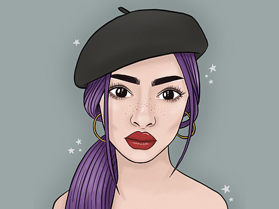 Procreate Portrait colour design doodles flat design girl hat illustration procreate purple stars