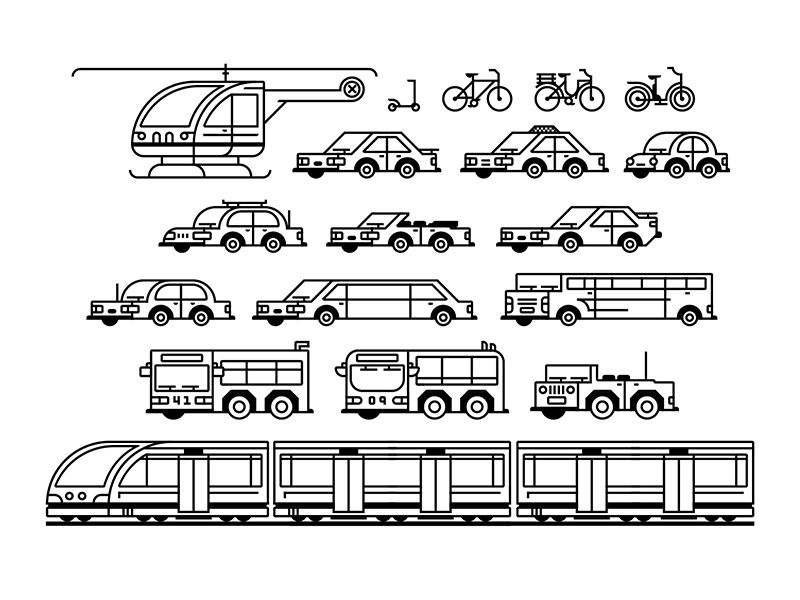 Transporters train helicopter limo bus cars bicycles vehicles
