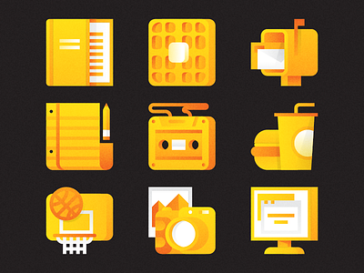 icons basketball book burger camera cassette drink gradients icons mail note tape waffle