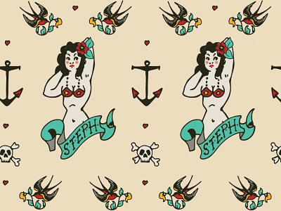 Vintage Steph Print anchor hearts pattern pin up repeat sailor jerry skull swallow tattoo