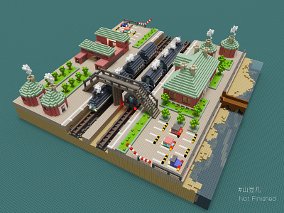 Tourist town（Not Finished） design house illustration isometric magicavoxel train voxelart