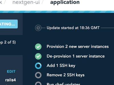 Running an update: progress steps activity checklist interface server servers steps ui updating