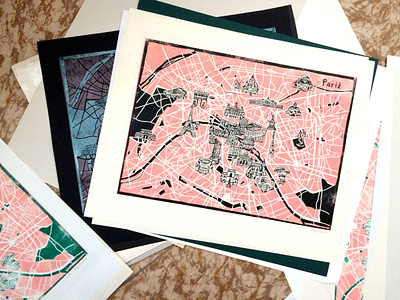 Linocut - map of Paris art city illustration linocut linoleum map paper print printing