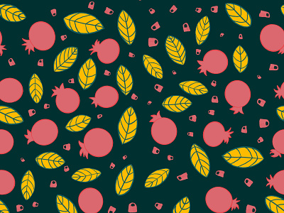 Pomegranate seamless pattern on deep blue background with yellow abstract art autumn background bud decor decoration decorative design drawing elements fabric fall floral flower food fruit graphic green illustration