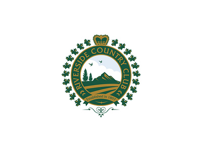 Riverside Country Club badge birds circle cloud clouds crown design emblem gold green illustration king leaf logo mountain outdoo river royal tree vector