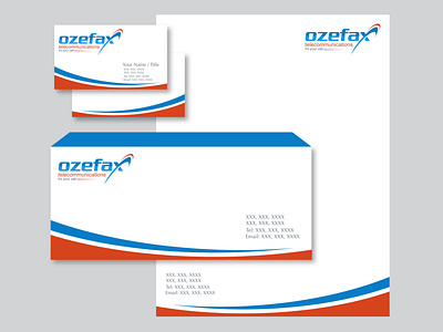 Ozefax Stationery bottom branding business card corporate look design envelope high tech modern neat and clean office use simple stationery swoosh vector