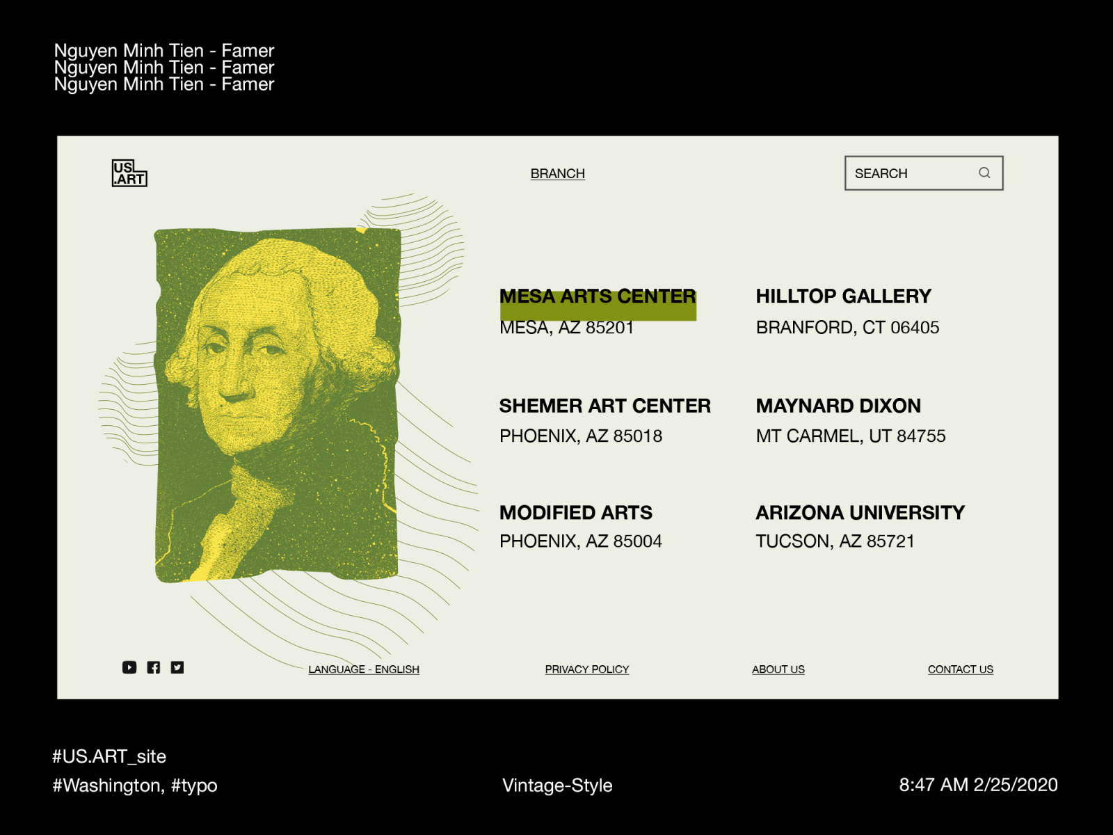 US.ART - Museum in Web (Offices page) usa america art helvetica yellow green vintage ui address museum washington