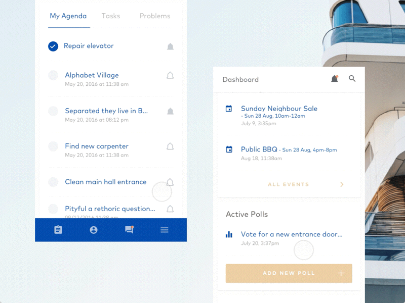 Interactions - App for residents/superintendents of buildings analytics animated interactions app buildings chart dashboard interactions navigation principle residents statistics tasks