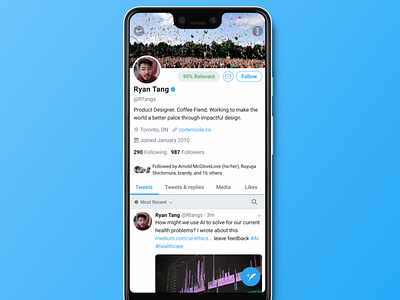 Increase Twitter Profile Engagement with Feature Concepts app app design blue concept concept design indicators product design recent relevancy search social media twitter ui ui design user experience user profile ux ux design