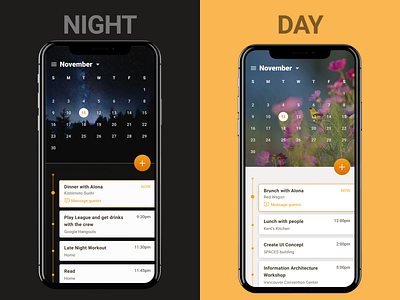 Day / Night Calendar App app app design calendar calendar app concept design dark app dark mode dark theme dark ui product design ui ui design ux design