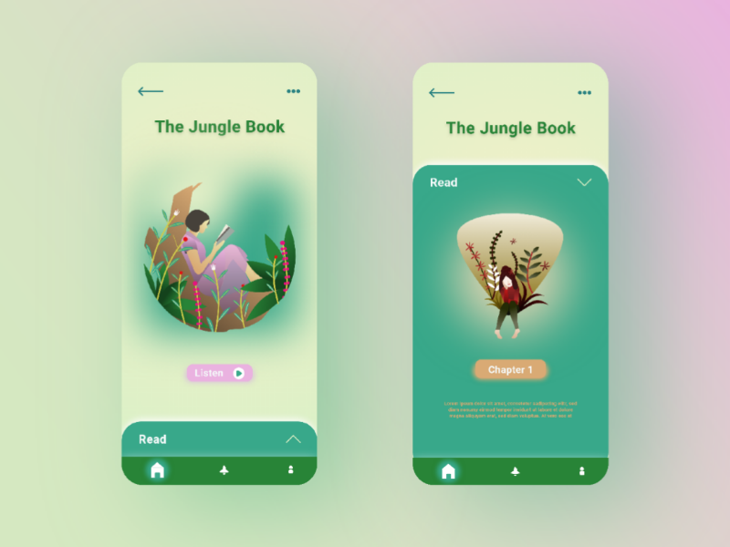 Audiobooks App flatdesign clean indonesia reading custom application audiobooks audiobook pink green ux dailyui jungle read girl ui app book books